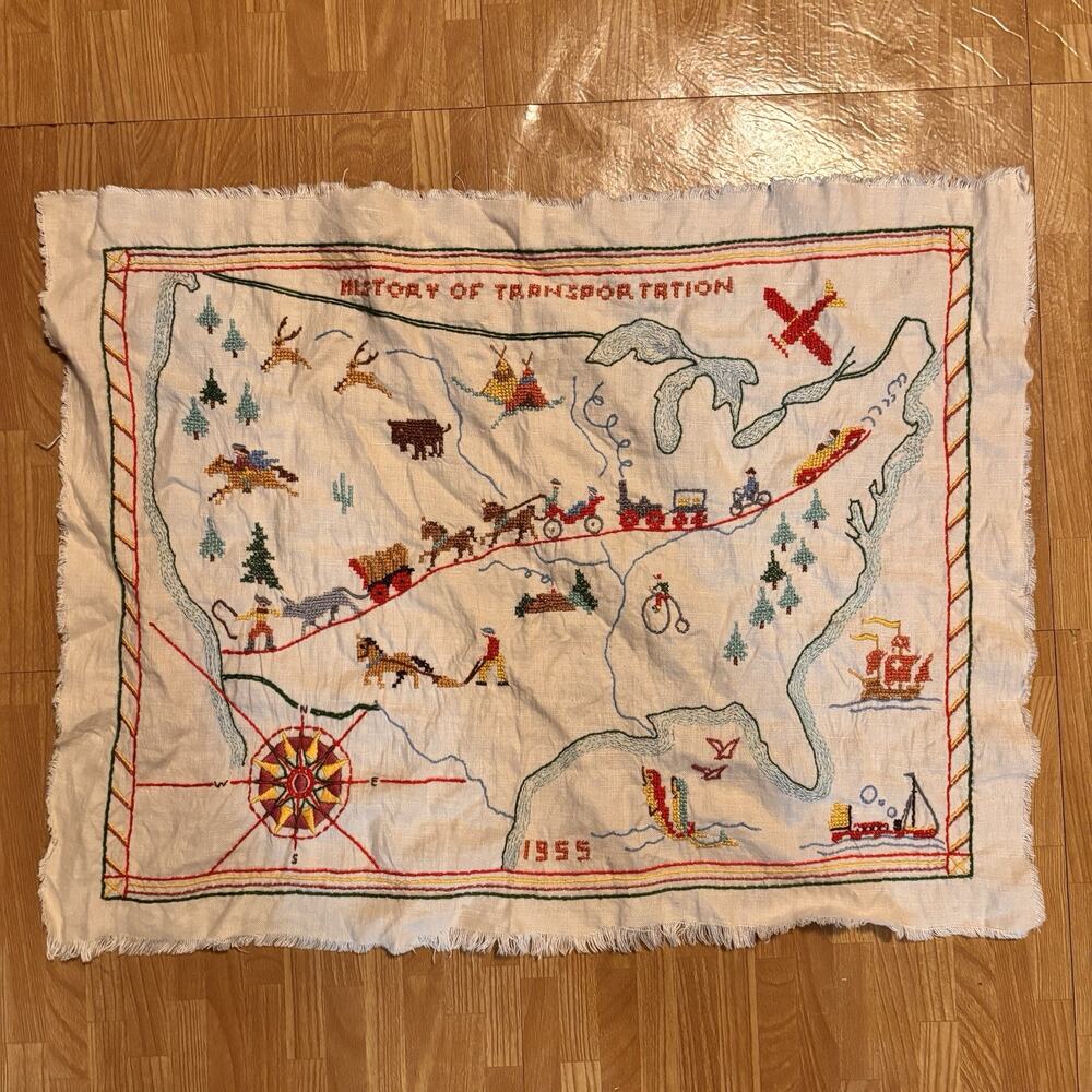 Handmade Finished Cross Stitch Piece History of Transportation 1955